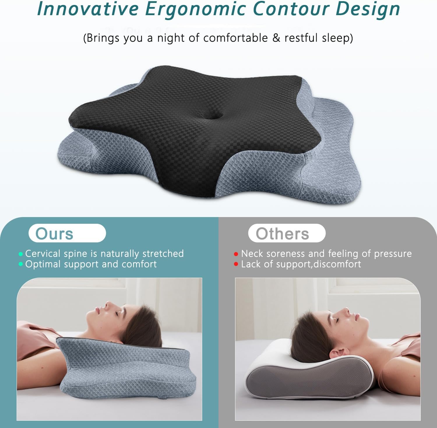 CHxxy Cervical Neck Pillow for Sleeping, Memory Foam Pillows, Ergonomic Side Sleeper Pillows, Cooling Orthopedic Neck Support Pillow for Ba…