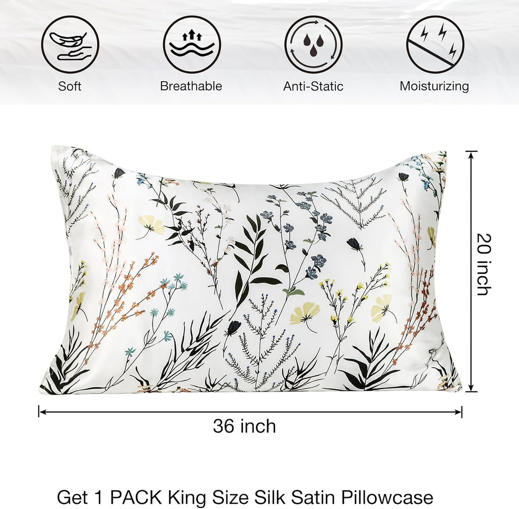 MANSPHIL Farmhouse Silk Pillowcase King Size, Printed 22 Momme Mulberry Silk Top with Satin Underside Pillowcase for Hair and Skin…