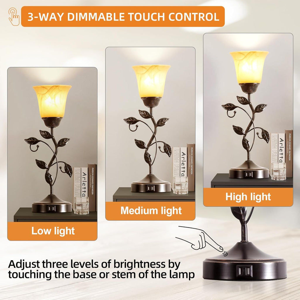 Touch Control Table Lamp with 2 USB Charging Ports, 3-Way Dimmable Bedside Nightstand Lamps, Amber Glass Shade Vintage Rural Leaf Lamp…