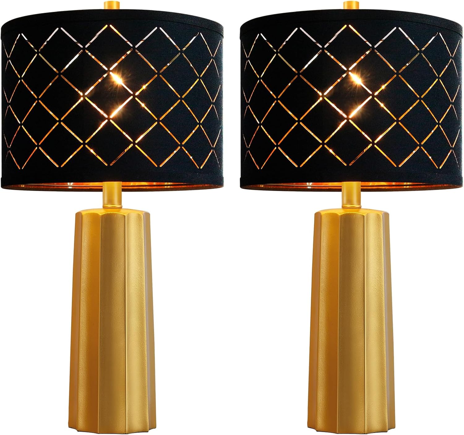 Set of 2 Modern Table Lamps for Living Room Bedroom, Gold Nightstand Resin Lamps with Black Grid Shade, Contemporary Desk Lamps for…