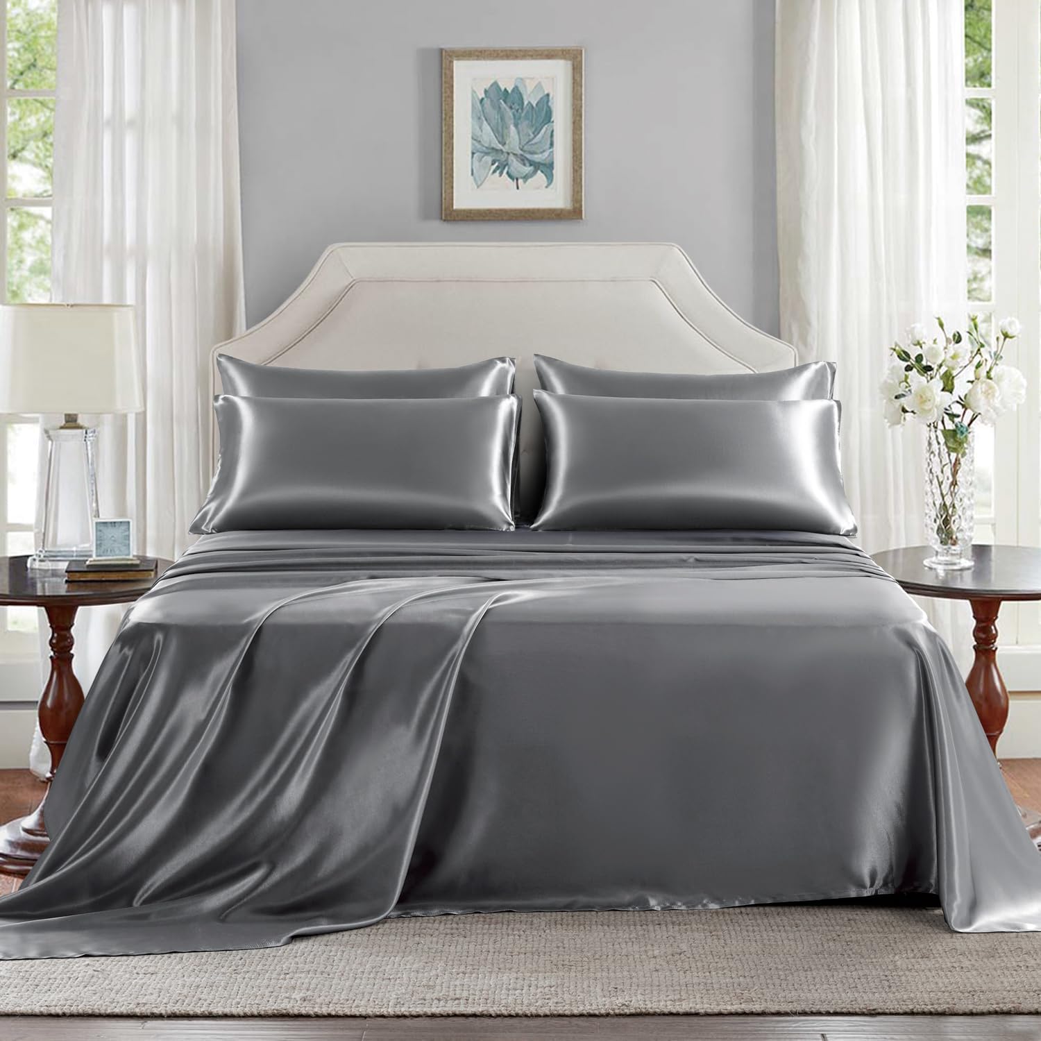 Golal Satin Sheets King Size - 6 Pieces Luxury Silky Soft Bed Sheets, Wrinkle-Free Dark Grey Satin Silk Sheet Set with 1 Deep Pocket Fitted…