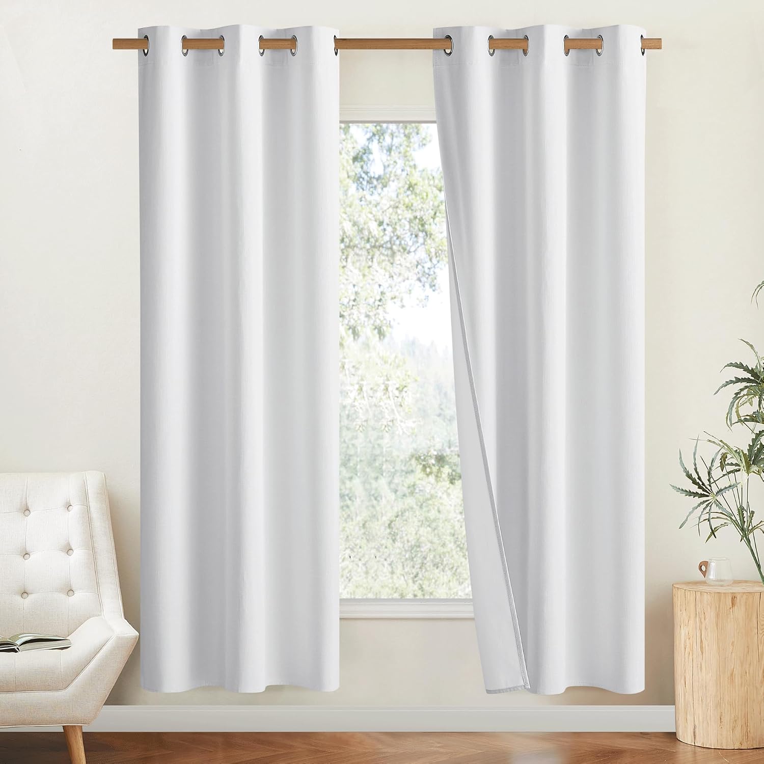 NICETOWN 100% Absolutely Blackout Linen Curtains with Thermal Insulated White Liner, White, 42 inches Wide, 72 inches Length Energy…