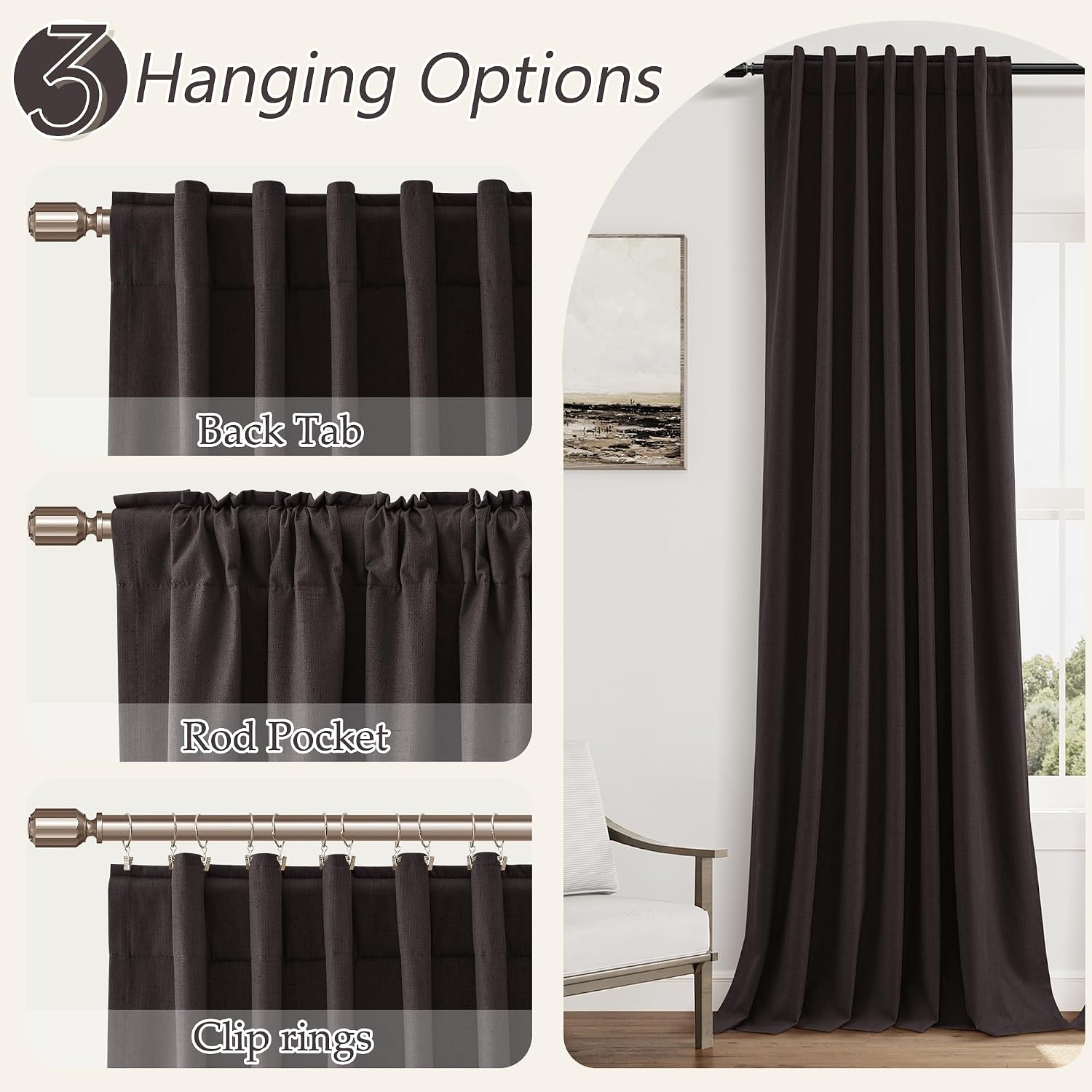 Guken 100% Blackout Curtains 90 Inch Length 2 Panels Set for Living Room Bedroom Back Tab Thermal Insulated Black Out Linen Drapes Room Dar…