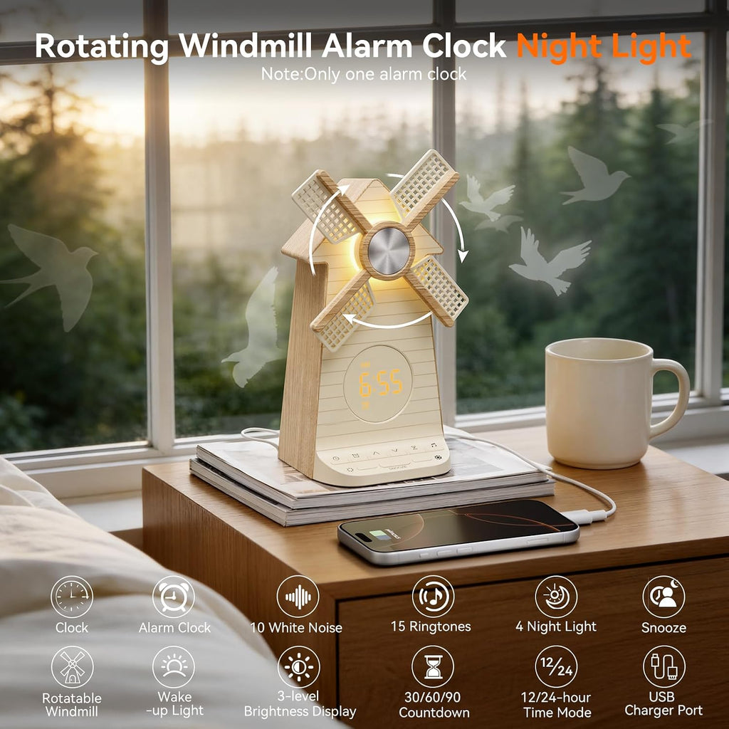 Reteyung Alarm Clock with Rotating Windmill, Sound Machine with Wake up Light, Snooze,10 Nature Sounds & 10 White Noises,15 Ringtones, USB Cha…