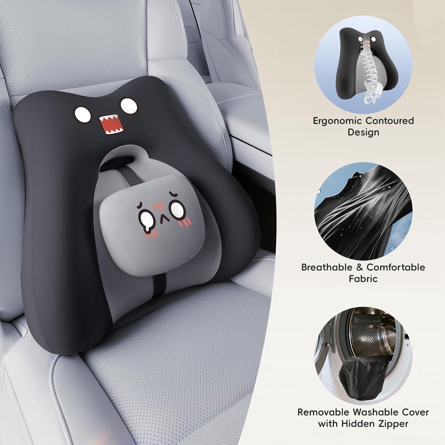 Bebas Lumbar Support Pillow for Car & Office Chair - Ergonomic Back Support Cushion with Adjustable Memory Foam Bolster, Cute Cartoon Desig…