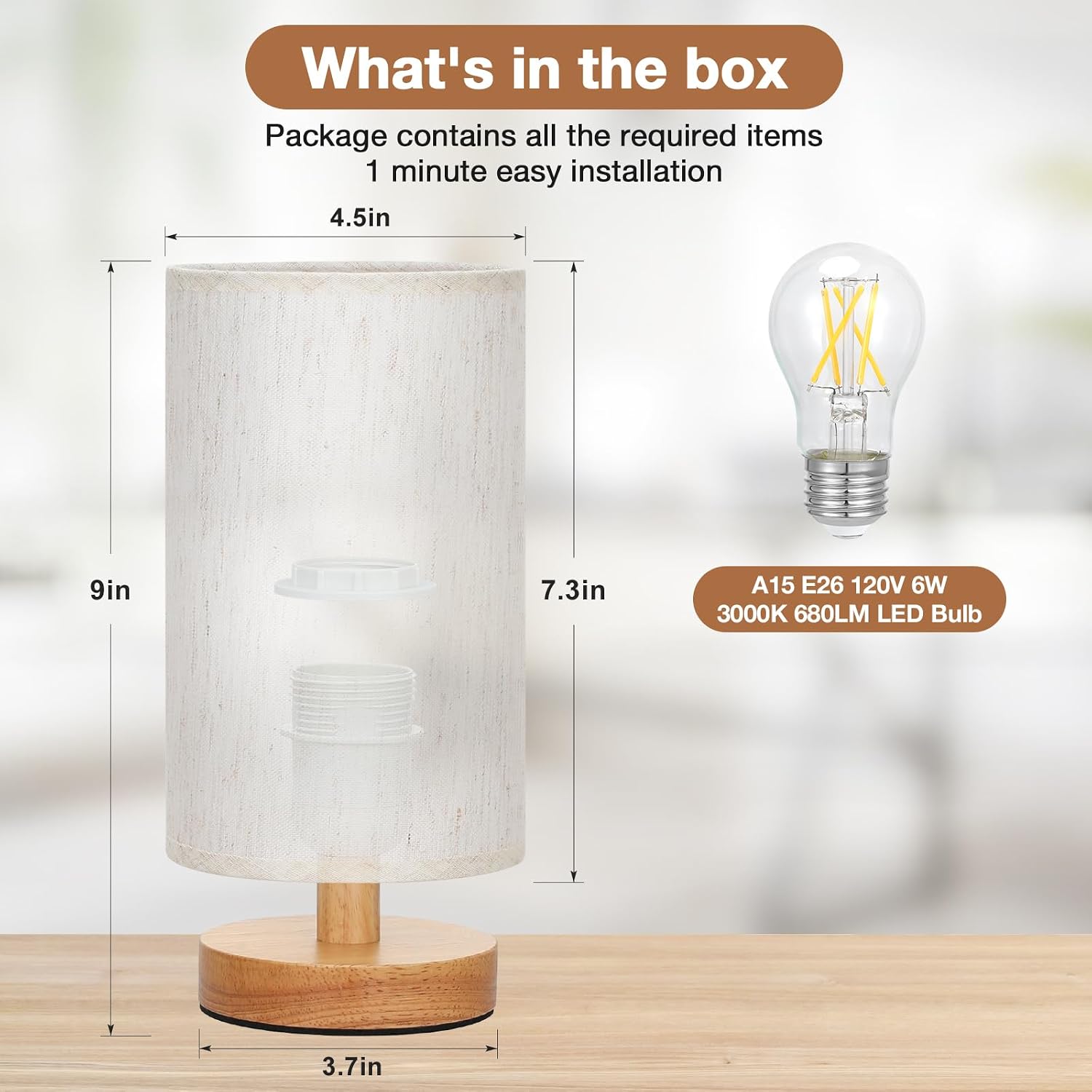 Fenmzee Small Table Lamp for Bedroom - Inline Control, Bedside Lamp with 3000K A15 LED Blub, Easy Assembly (Cream Shade - Wood Base, 9"…