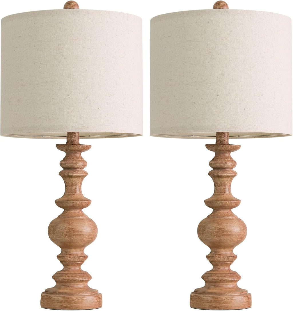 BOBOMOMO 24" Farmhouse Table Lamps Set of 2 – Rustic Light Brown Resin Bedside Lamps with Linen Shades, Medium Size Nightstand Lamps for…