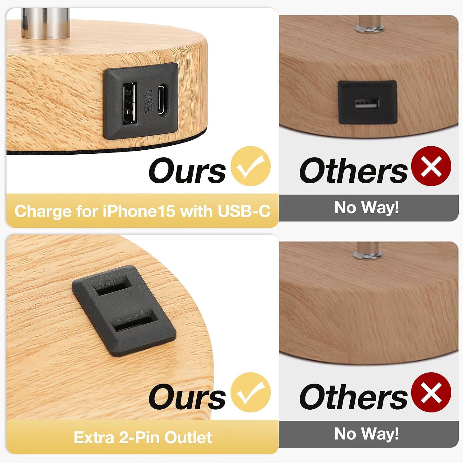 Fenmzee Bedside Table Lamp for Bedroom - 3 Way Dimmable Touch Lamp USB C Charging Ports and AC Outlet, Small Lamp Wood Base Round Flaxen…