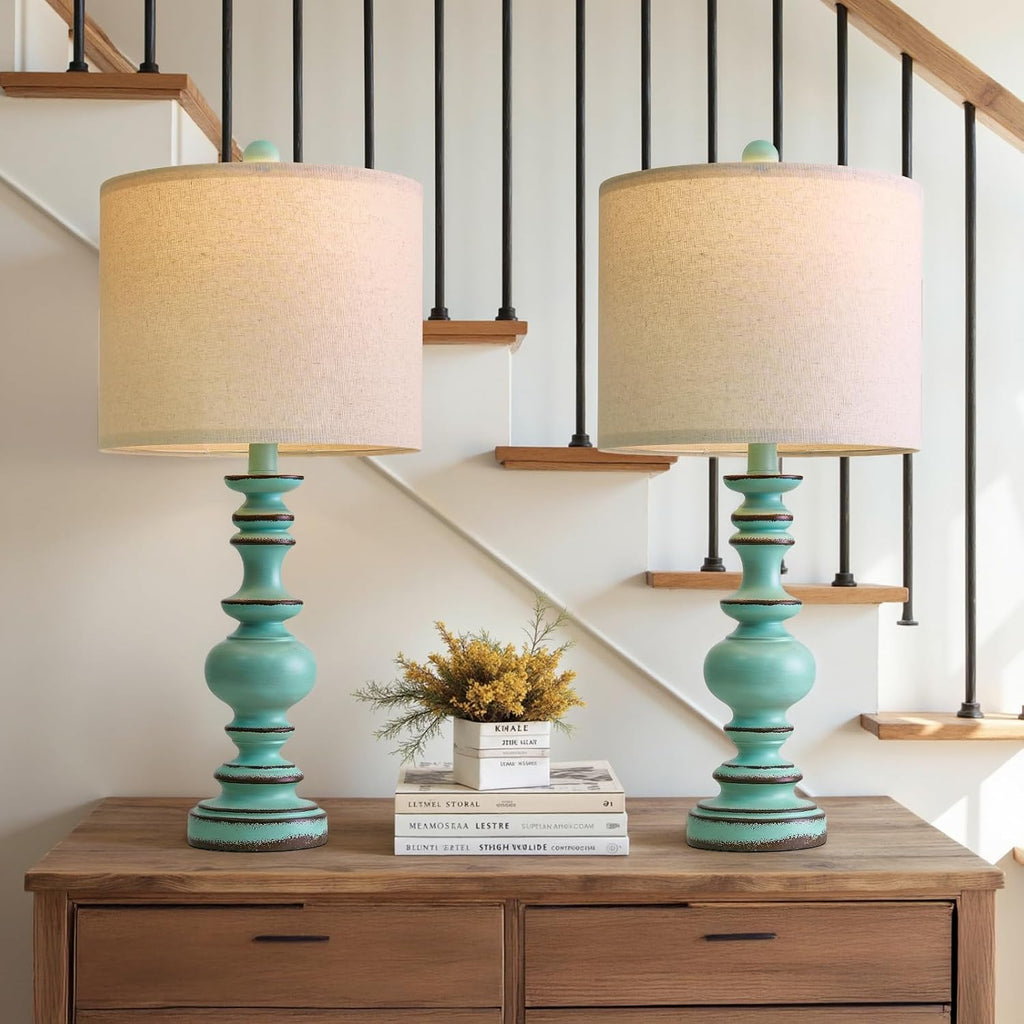 BOBOMOMO 24" Farmhouse Table Lamps Set of 2 – Distressed Teal Lamps with Linen Shades, Cottage Style Bedside Lamps for Bedroom, Living…