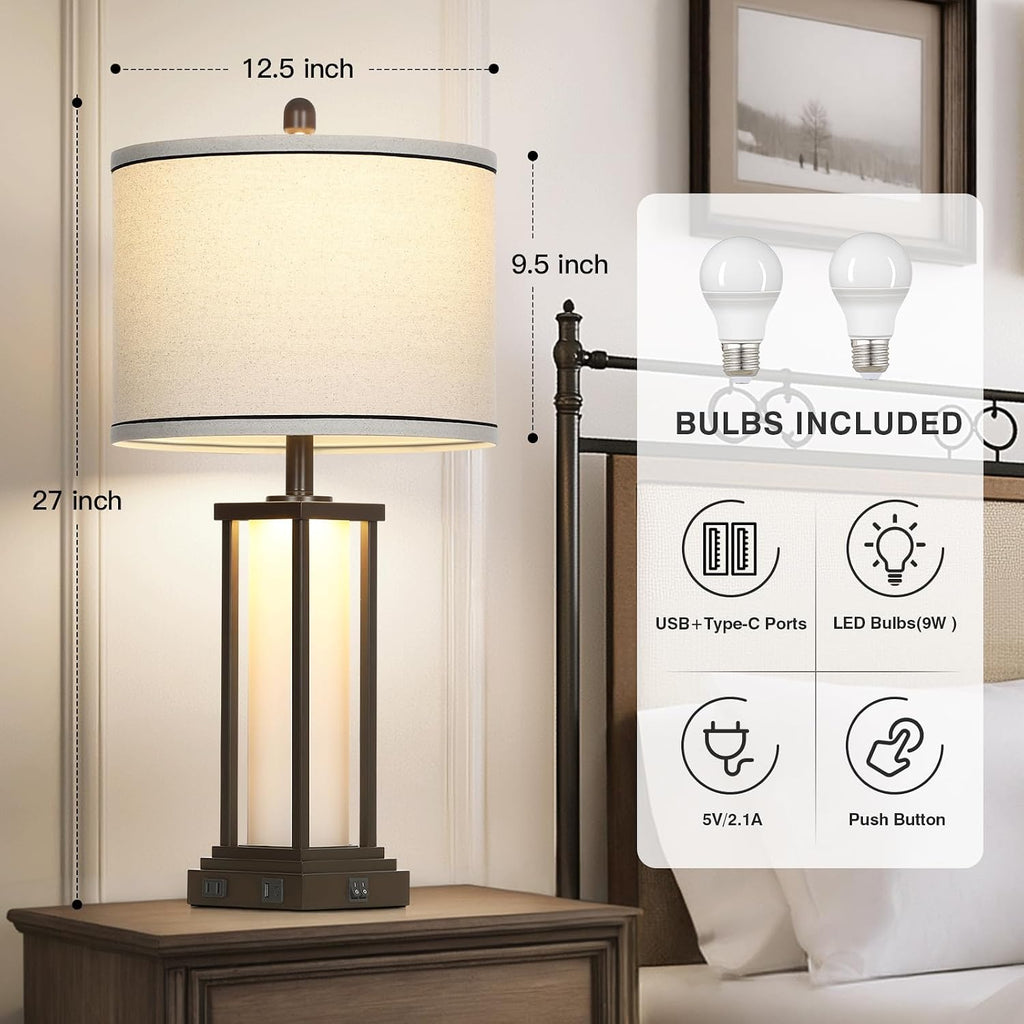 Cinkeda 27" Tall Vintage Table Lamps with USB C+A & Outlet, Brown End Table Lamp Set of 2 for Living Room, Rustic Bedside Lamps with…