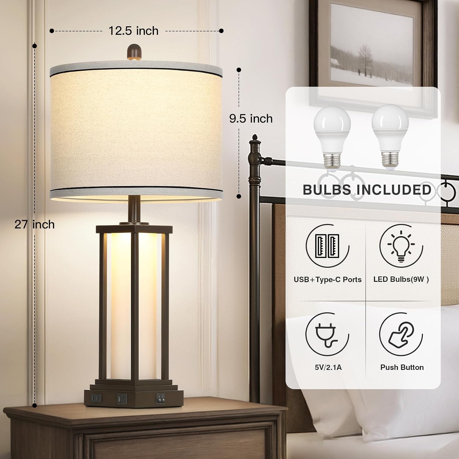 Cinkeda 27" Tall Vintage Table Lamps with USB C+A & Outlet, Brown End Table Lamp Set of 2 for Living Room, Rustic Bedside Lamps with…