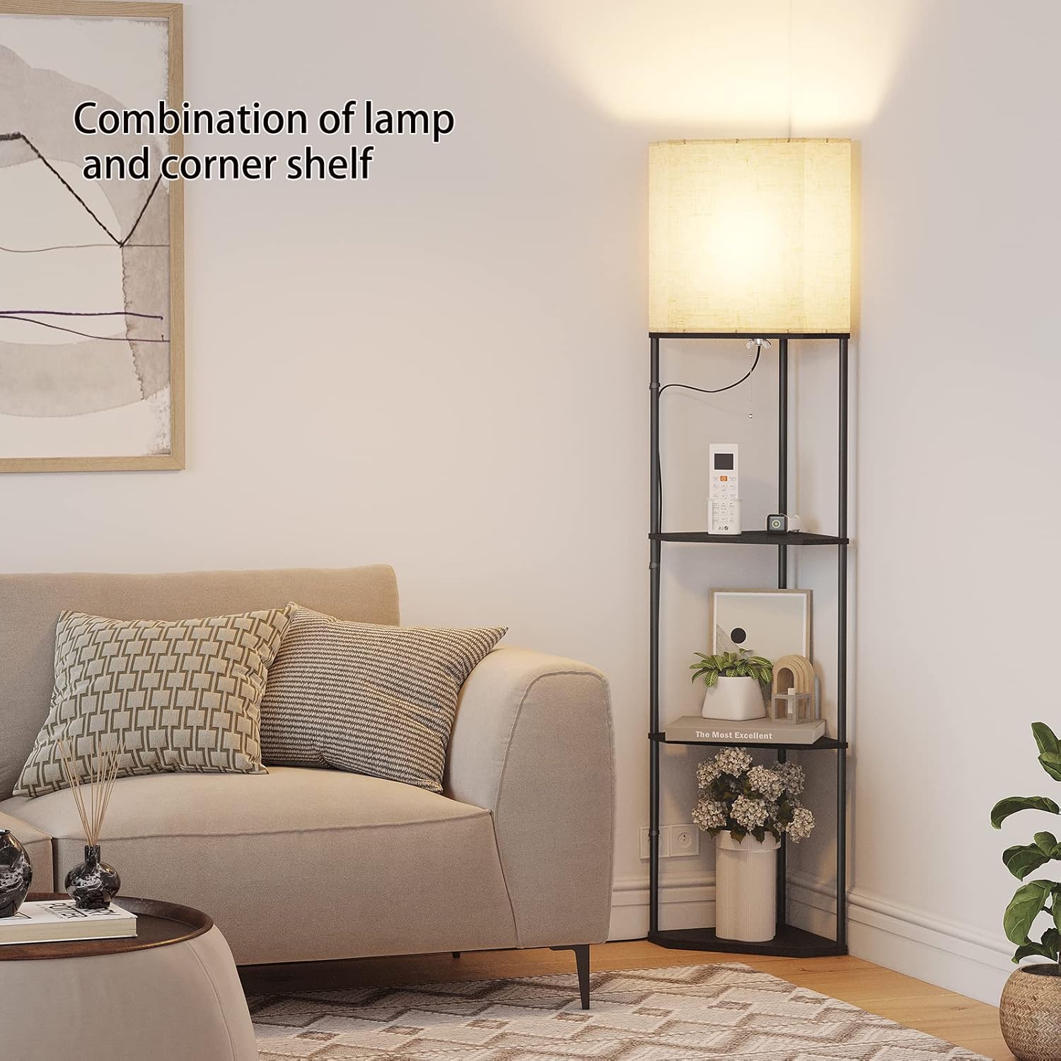 SUNMORY Sector Corner Shelf Lamp 3 Color Temperatures LED Bulb, Corner Lamps with Linen Lampshade, Floor Lamps for Living Room, Bedroom…