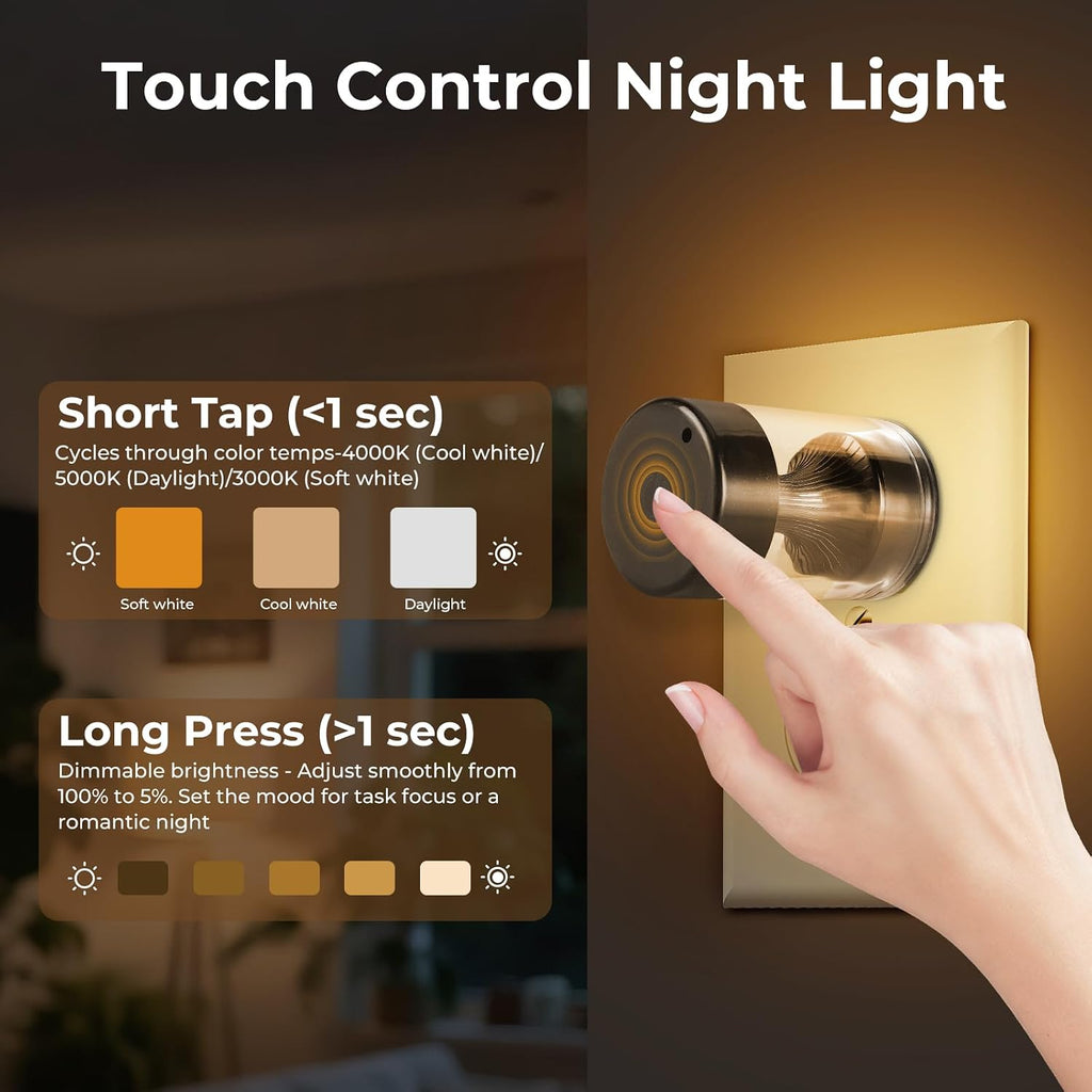 Geplad Dimmable LED Night Light Plug in Wall, Touch Control & 3-Color Temperature (3000K-5000K) Nightlight with Dusk to Dawn Sensor, IP65 W…