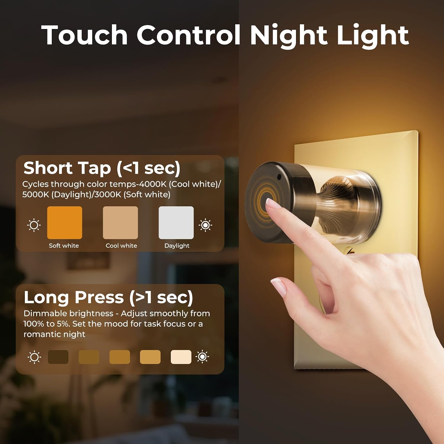 Geplad Dimmable LED Night Light Plug in Wall, Touch Control & 3-Color Temperature (3000K-5000K) Nightlight with Dusk to Dawn Sensor, IP65 W…