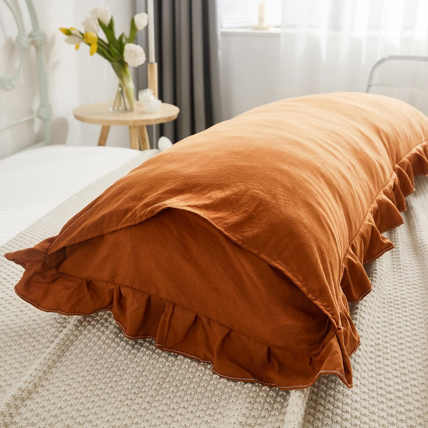 Merryword Burnt Orange Body Pillow Cover 20x54inches Long Pillowcase Shabby Chic Ruffled Fringe Decor Body Pillow Sham Cute Pillowcase (1 B…