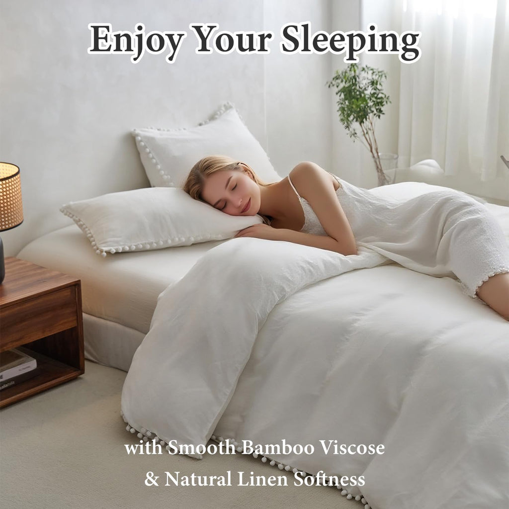 Simple&Opulence French Linen Blended Duvet Cover King, Flax Viscose Derived from Bamboo Bedding Set with Pom Pom Trim Soft Cooling for…