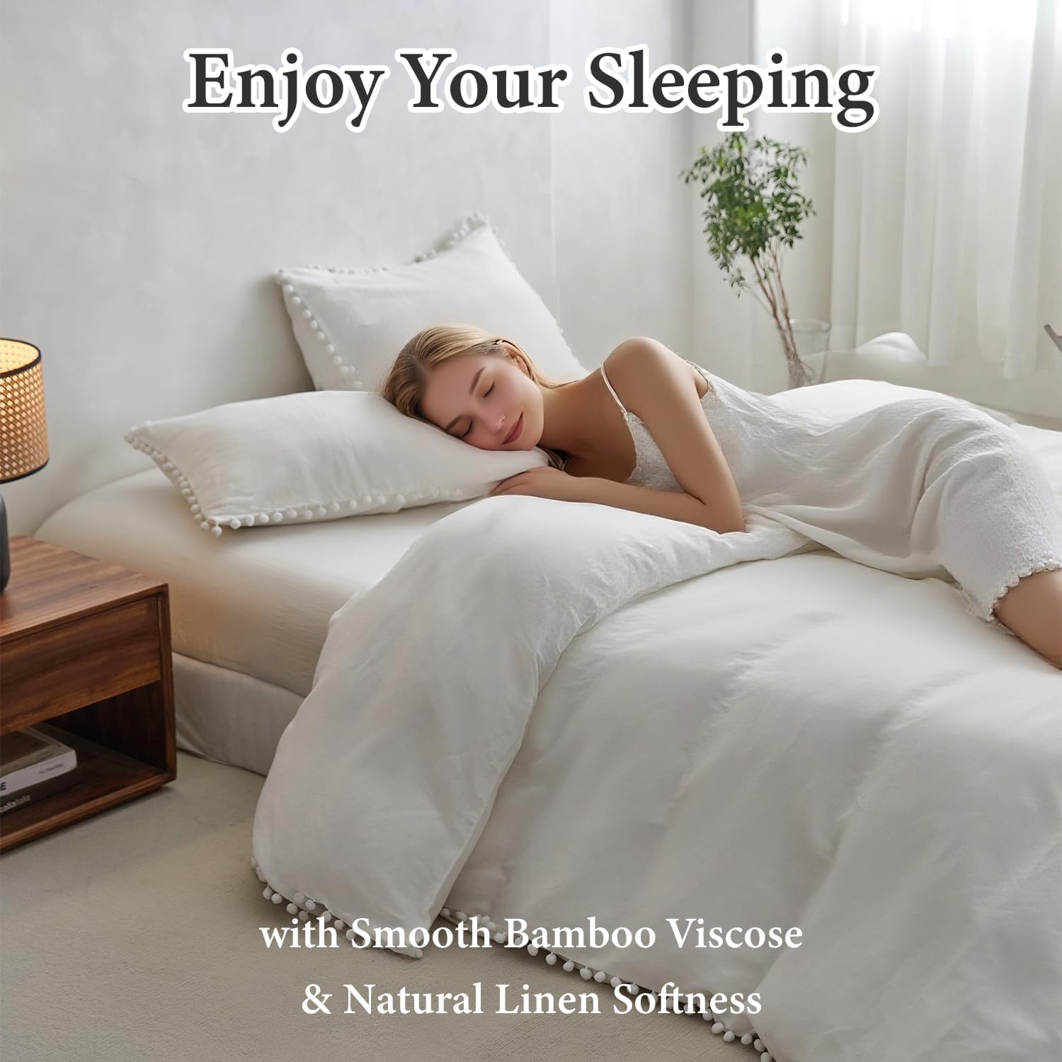 Simple&Opulence French Linen Blended Duvet Cover Queen, Flax Viscose Derived from Bamboo Bedding Set with Pom Pom Trim Soft Cooling for…
