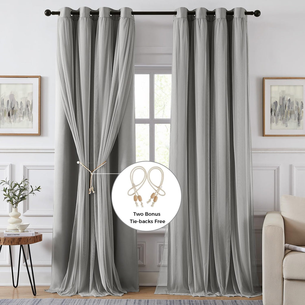 Swandream Blackout Curtains for Bedroom, Double Layer Grey Curtains, Black Out Curtain 90 inch Long with Sheer Overlay for Living Room, Roo…