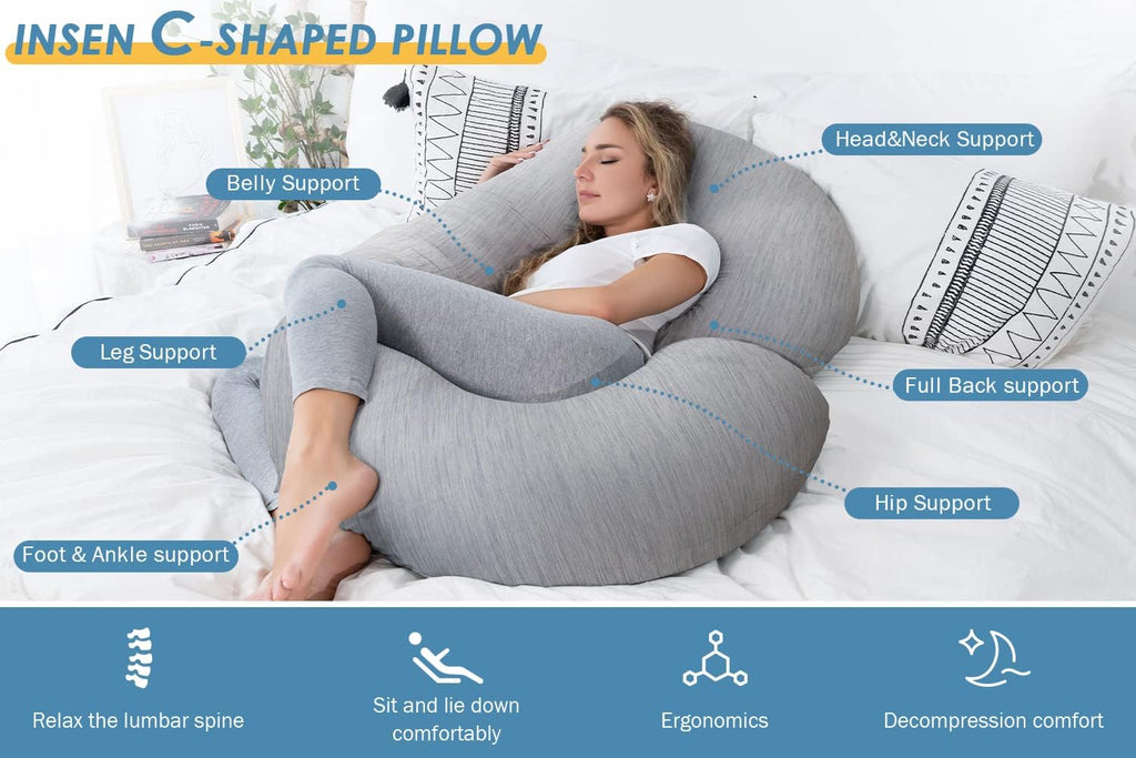 INSEN Cooling Pregnancy Pillow, Maternity Pillow for Pregnant Women, C Shaped for Side Sleeping, Glossy Gray