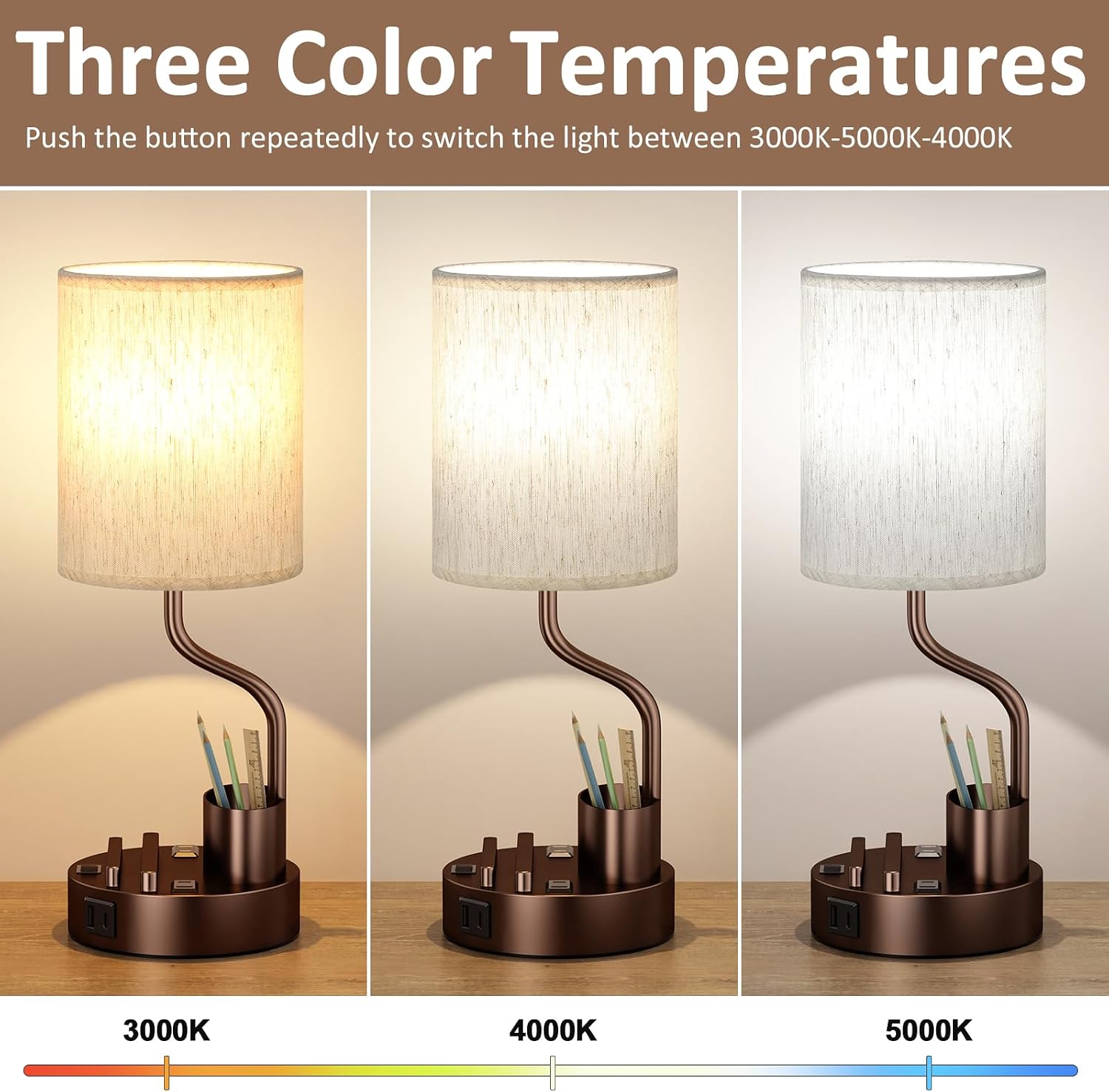 Bedside Table Lamps for Bedroom Set of 2 - Nightstand Lamp with AC Outlet Charging Port and USB A C, 3 Color Temperatures, Included Phone…
