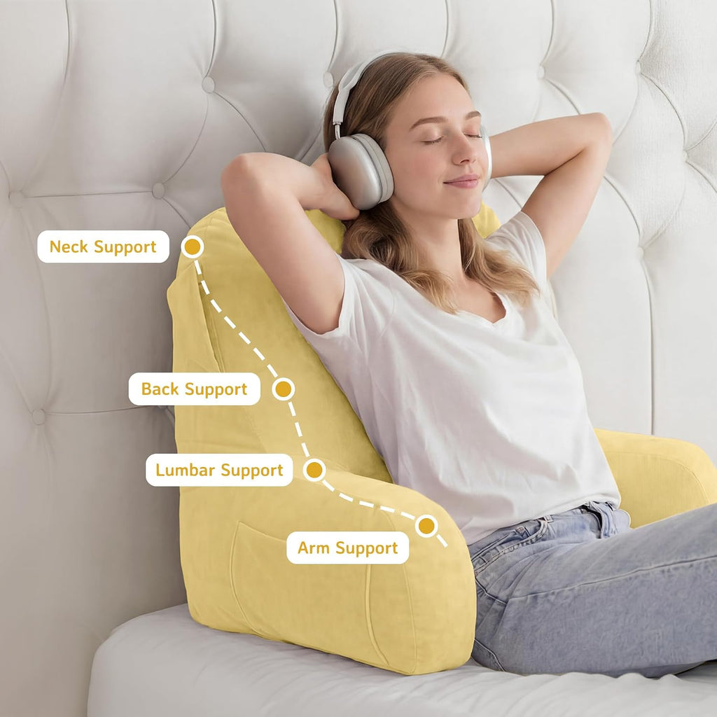 Unisakey Portable Comfy Reading Pillows for Bed Sitting Up(Yellow Oeko-Tex), Velvet Back Pillow with Arms & Pockets for Adults, Support…