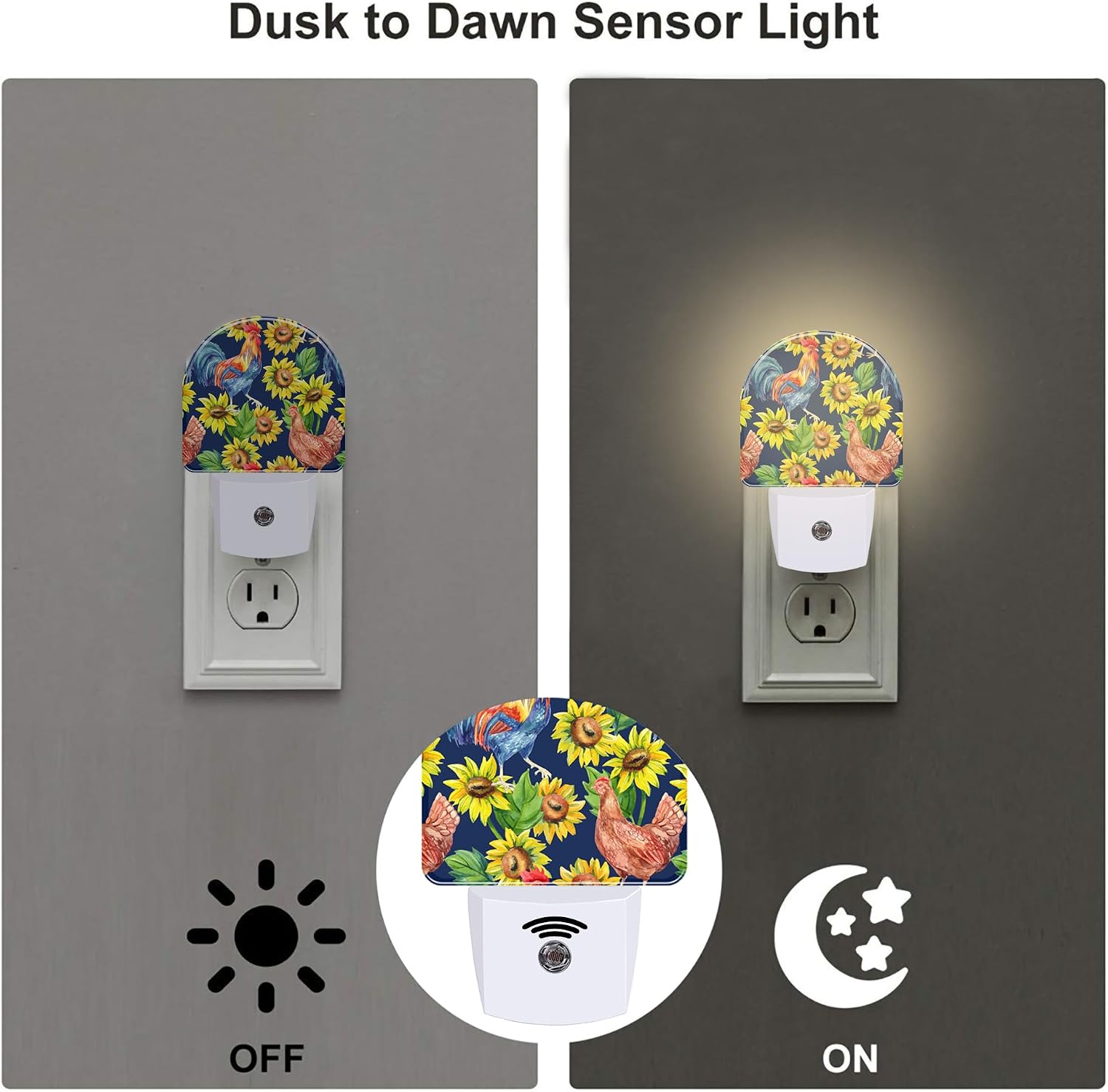 Vintage Hen Rooster with Sunflowers Night Light, Watercolor Farm Animals Floral Dusk to Dawn Night Light Plug in,0.5w Energy Saving Sleep…