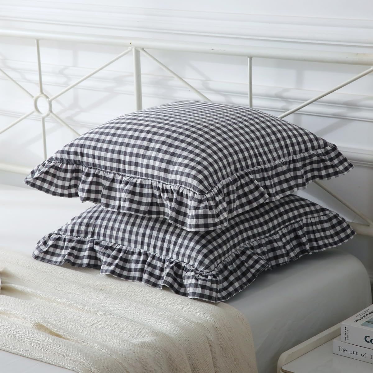Mywinlle Black/White Plaid Ruffle Throw Pillow Covers Set of 2, Checkered Washed Cotton Gingham Decorative Pillow Shams Farmhouse Pillowcase…