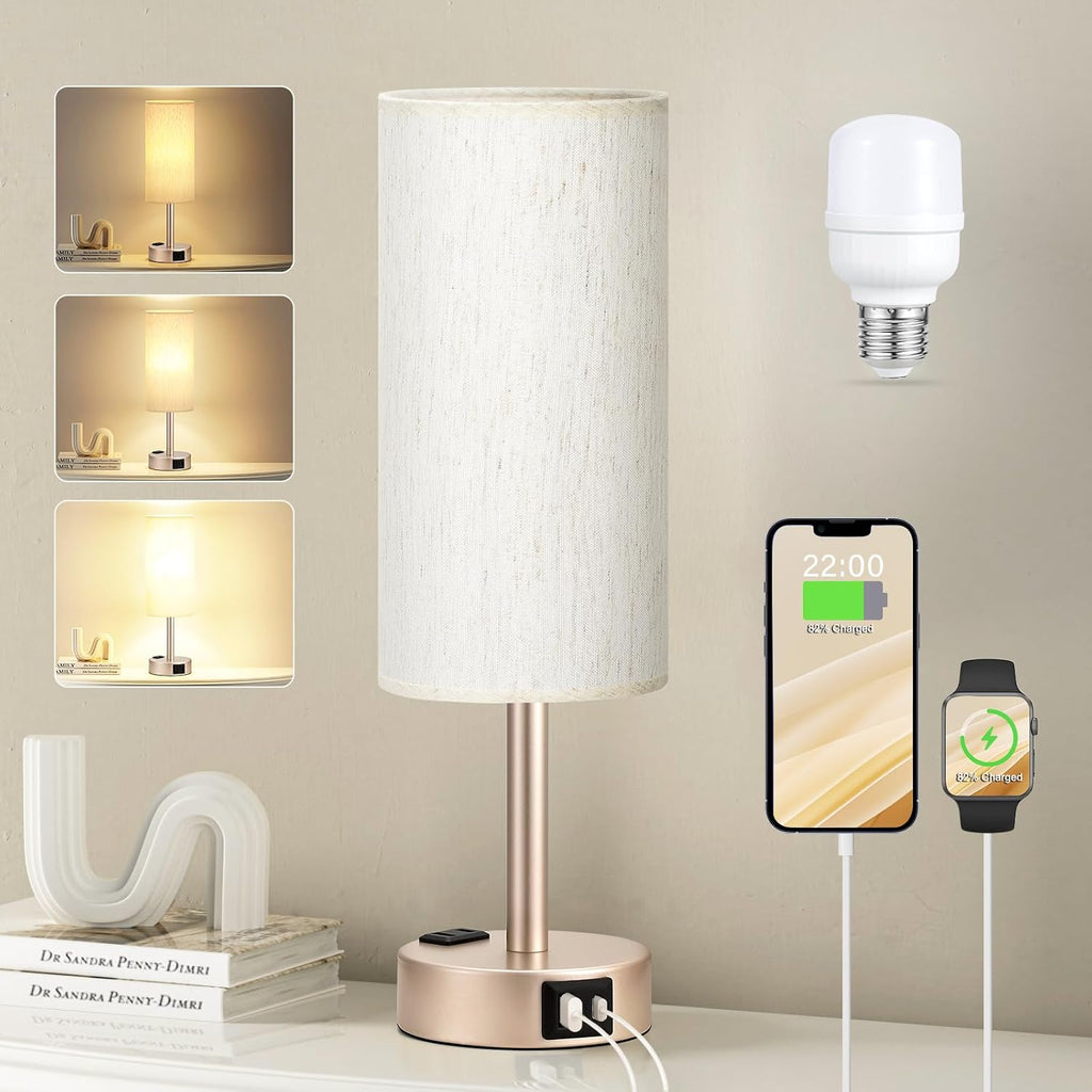 Fenmzee Bedside Table Lamp for Bedroom - 3 Way Dimmable Touch Lamp USB C Charging Ports and AC Outlet, Small Lamp Gold Base Round Flaxen…