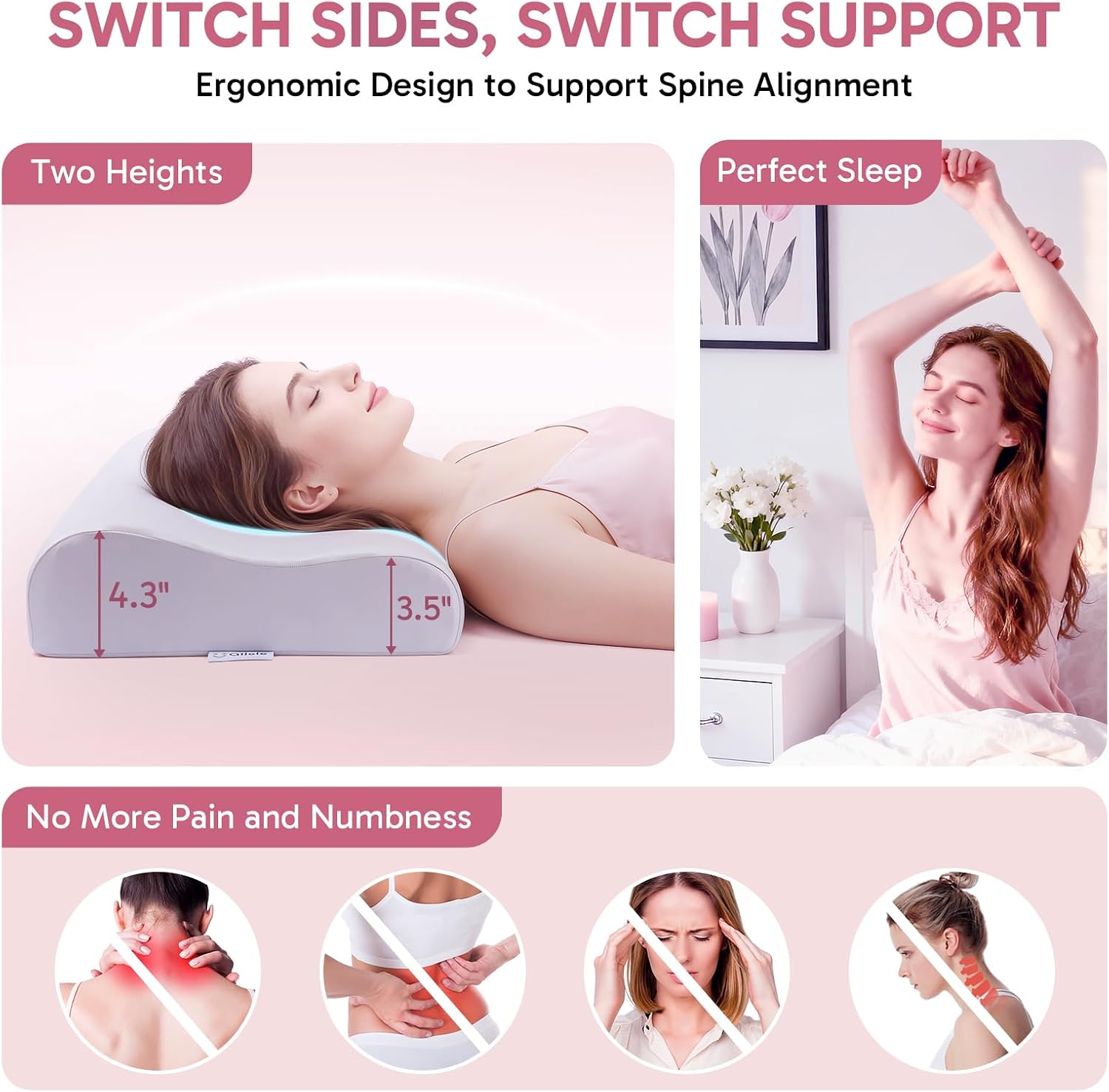 Ergonomic Memory Foam Pillow 2 heights: Mid-Low, Cervical Support Relieve Neck Back Pain, Breathable Cool Ice Silk Anti-Wrinkle Cover…