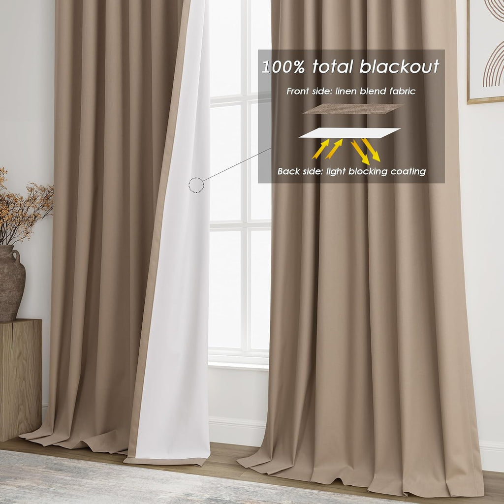 Nanspring Tan 100% Blackout Linen Curtains for Bedroom 120 Inches Long Back Tab Thermal Insulated Farmhouse Boho Decor Black Out Curtain fo…
