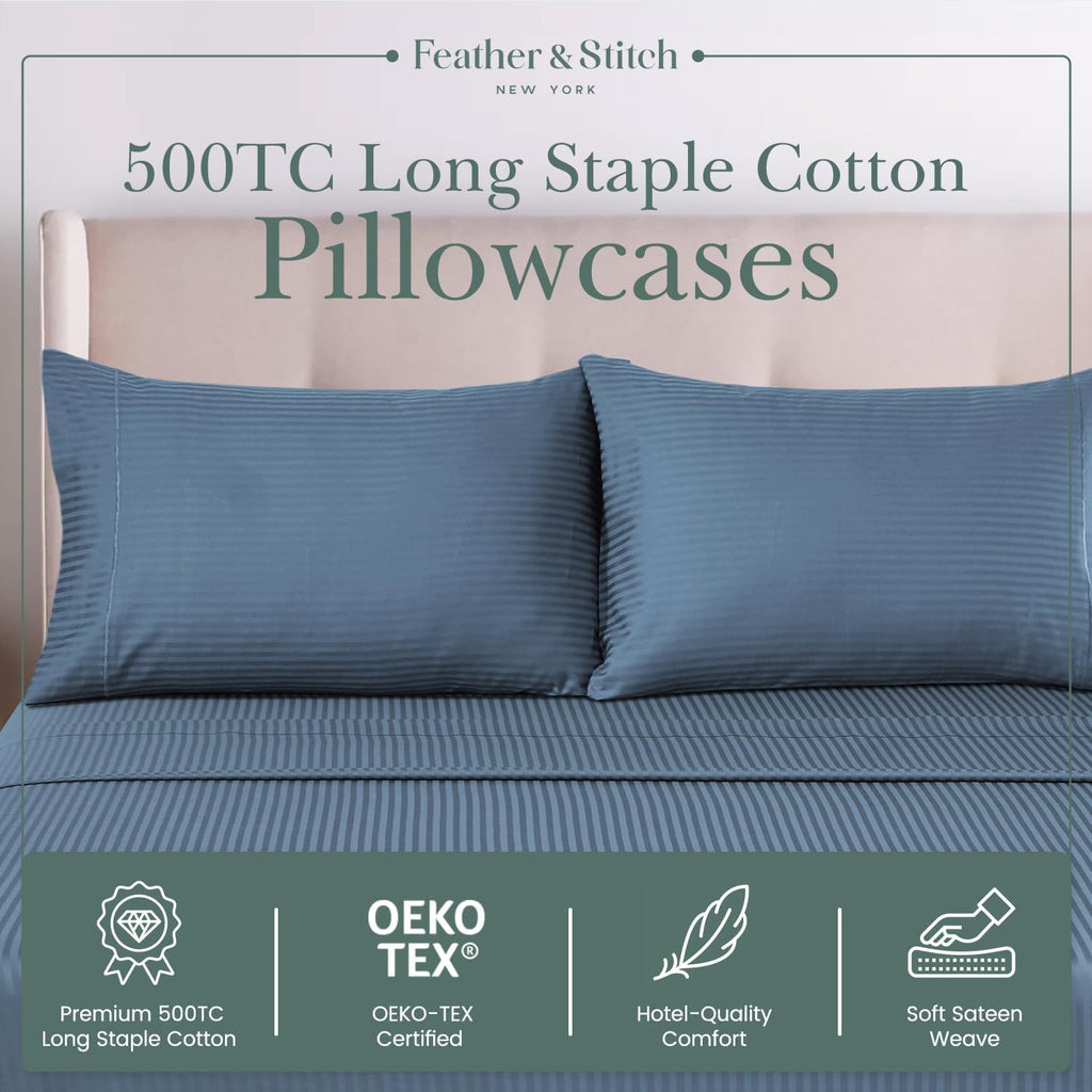 Featherstitchnewyork Feather & Stitch 100% Cotton Standard Pillow Covers Set of 2, 500TC Envelope Closure Pillowcases, Soft Luxury Damask S…