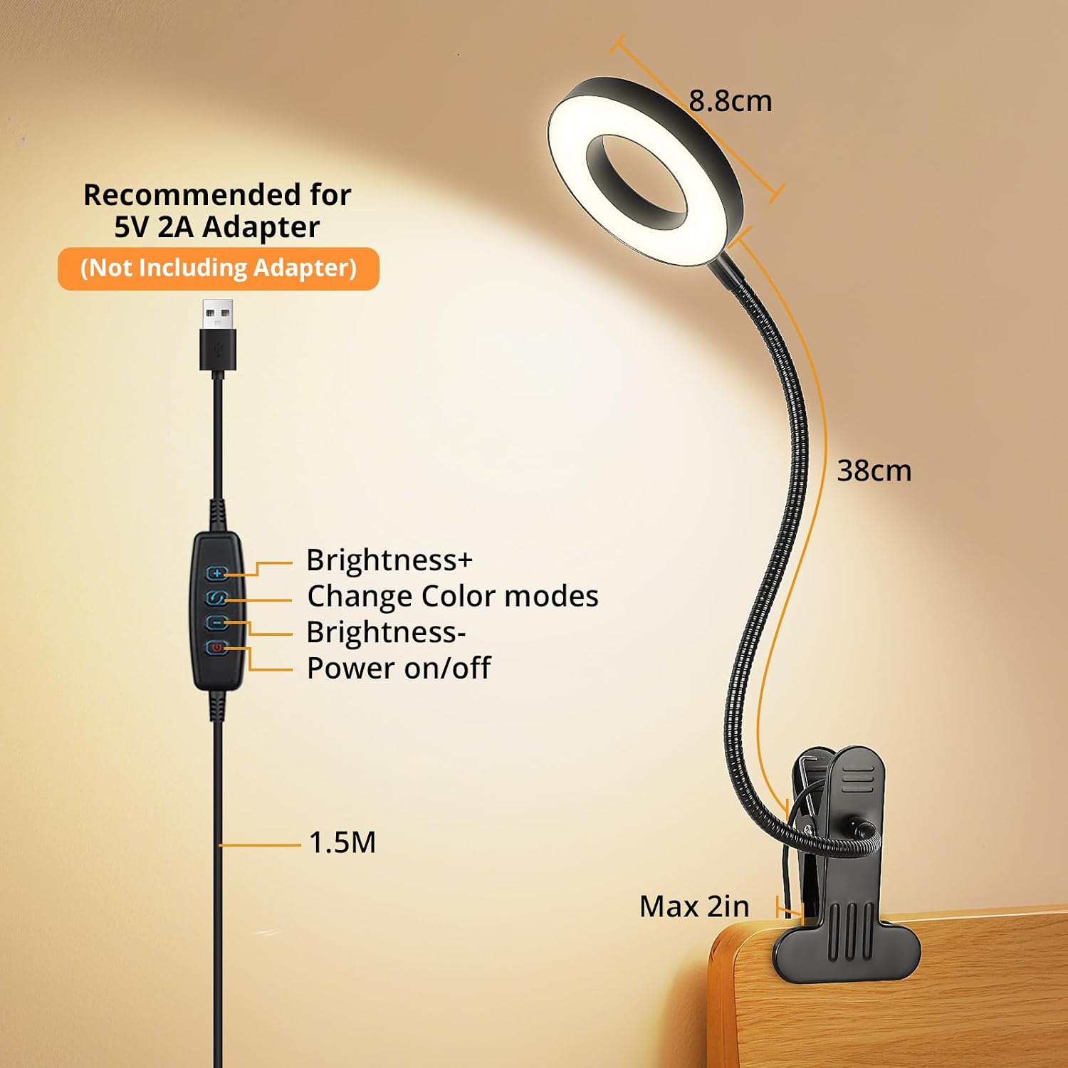 Woputne Desk Lamp Clip Light, 10 Dimmable Brightness 3 Light Modes Reading Light, Clamp Bedside Lamp for Painting, Craft, Study (Black)