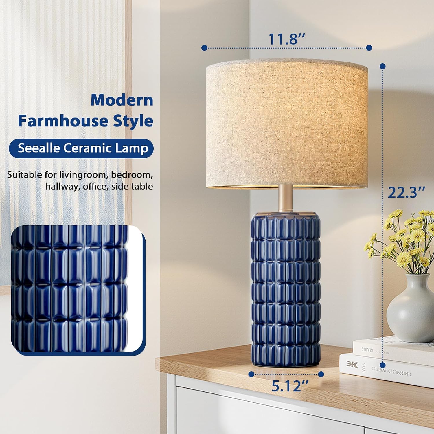 SeealleLighting 23" Modern Ceramic Table Lamps Set of 2 - Table Lamps for Living room, Farmhouse Bedside Night Stands Lamp for Bedroom, Whi…
