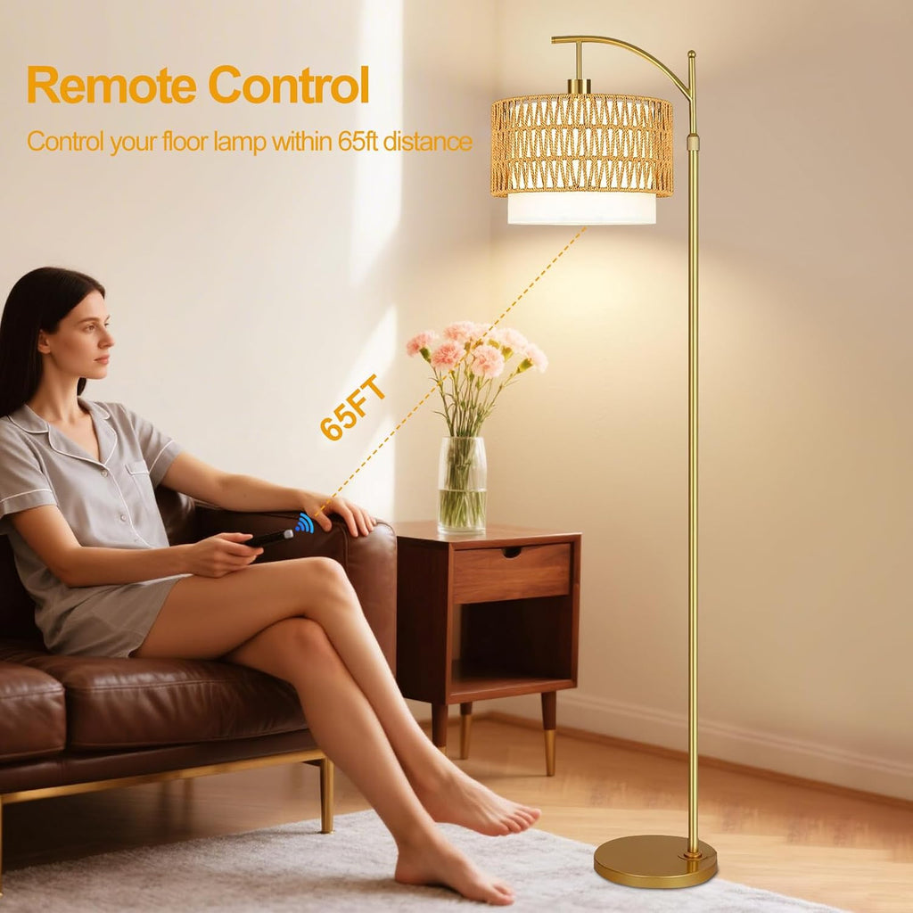 Gold Floor Lamps for Living Room Rattan Boho Floor Lamp with Remote Control & 3 Color Temperature, Dimmable Arc Floor Lamps Wicker Lamp…