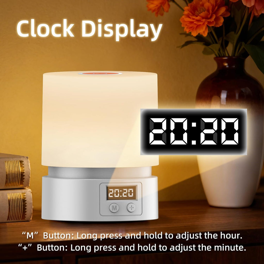 Nursery Night Light with Clock for Kids, Touch Lamp Bedside Desk Lamp, Portable Breastfeeding Night Lamp for Baby, 3 Color Stepless…