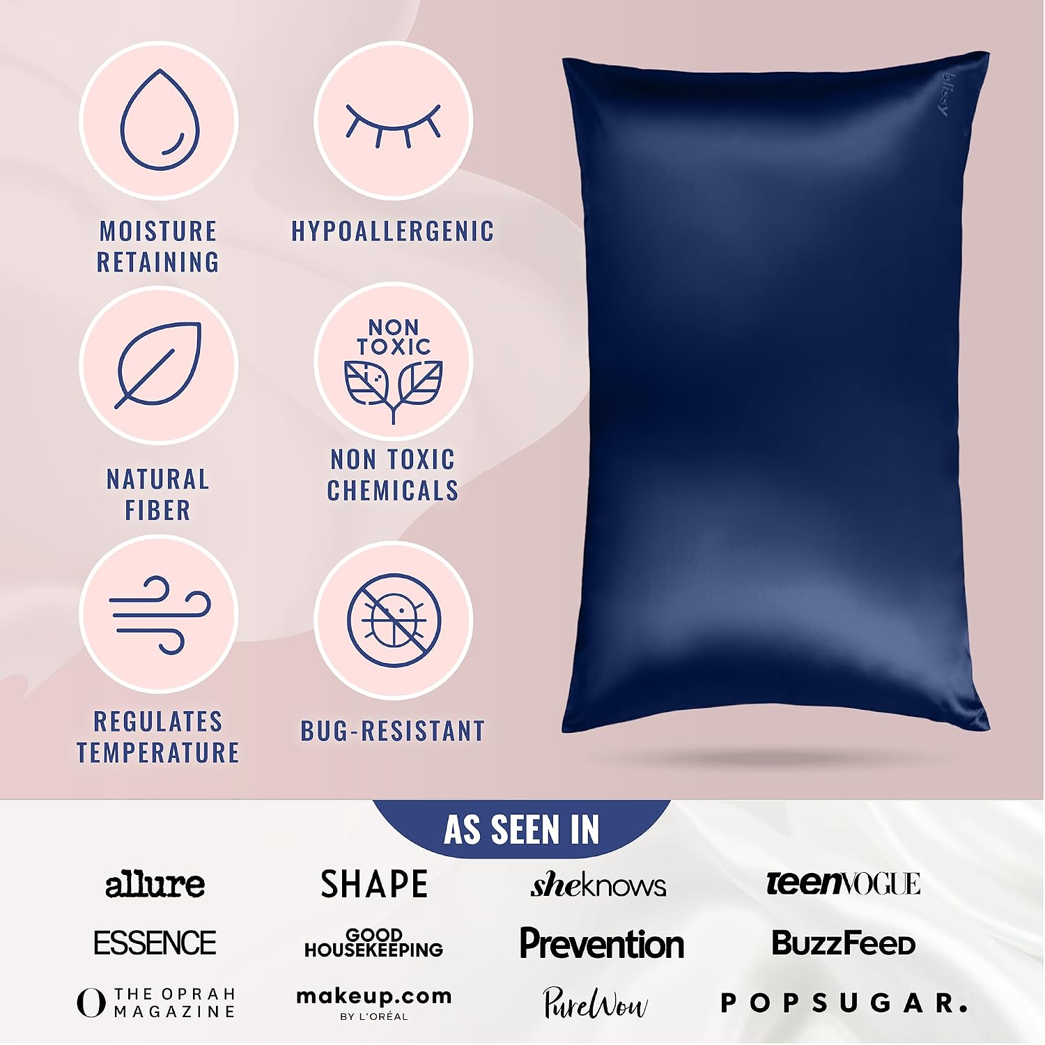Blissy Silk Pillowcase - 100% Pure Mulberry Silk - 22 Momme 6A High-Grade Fibers - Silk Pillow Cover for Hair & Skin - Regular, Queen &…