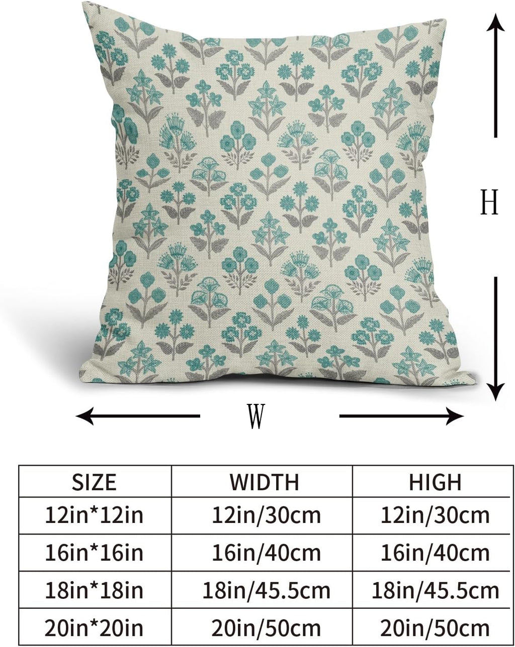 Teal Grey Gray Floral Block Print Pillow Covers 16x16 Inch Set of 2, Vintage Flower Pattern Decorative Throw Pillowcases Outdoor…