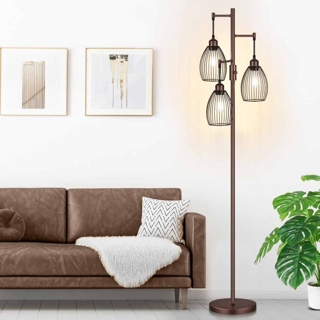 Torondo Dimmable Farmhouse Industrial Floor Lamp, Matte Brown Tree Standing Tall Lamps with 3 Elegant Teardrop Cage Head & 800 Lumens LED…