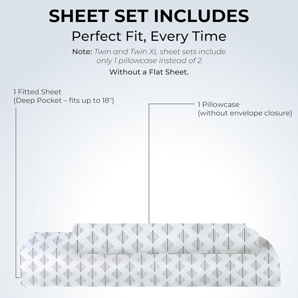 Twin Fitted Sheet with 18" Deep Pockets, No Flat - Percale Weave Natural - Breathable 100% Cotton Printed Bedding, 1 Fitted Sheet + 1…
