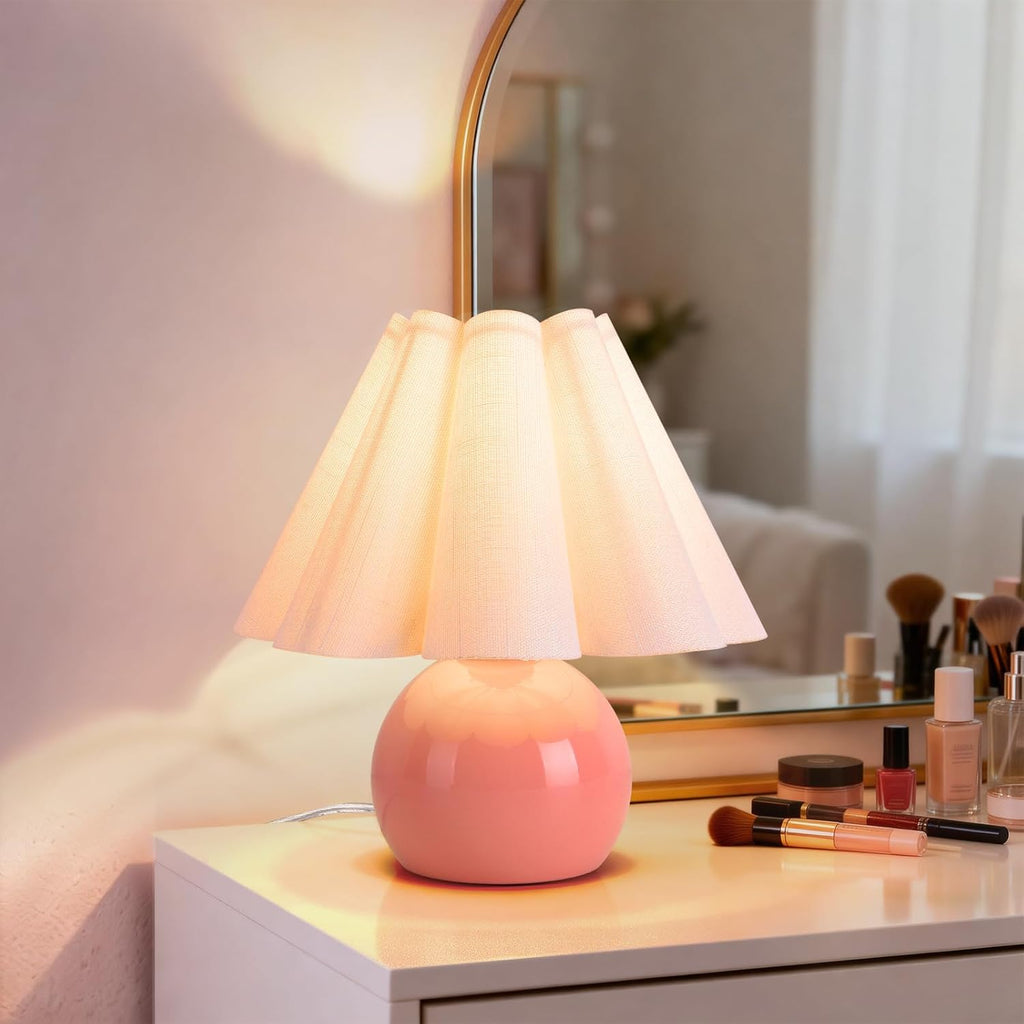 Pink Small Bedside Mini Table Lamp for Bedroom, Cute Bedroom Lamps for Nightstand, Cute Mini Table Lamps for Small Spaces with Scalloped…