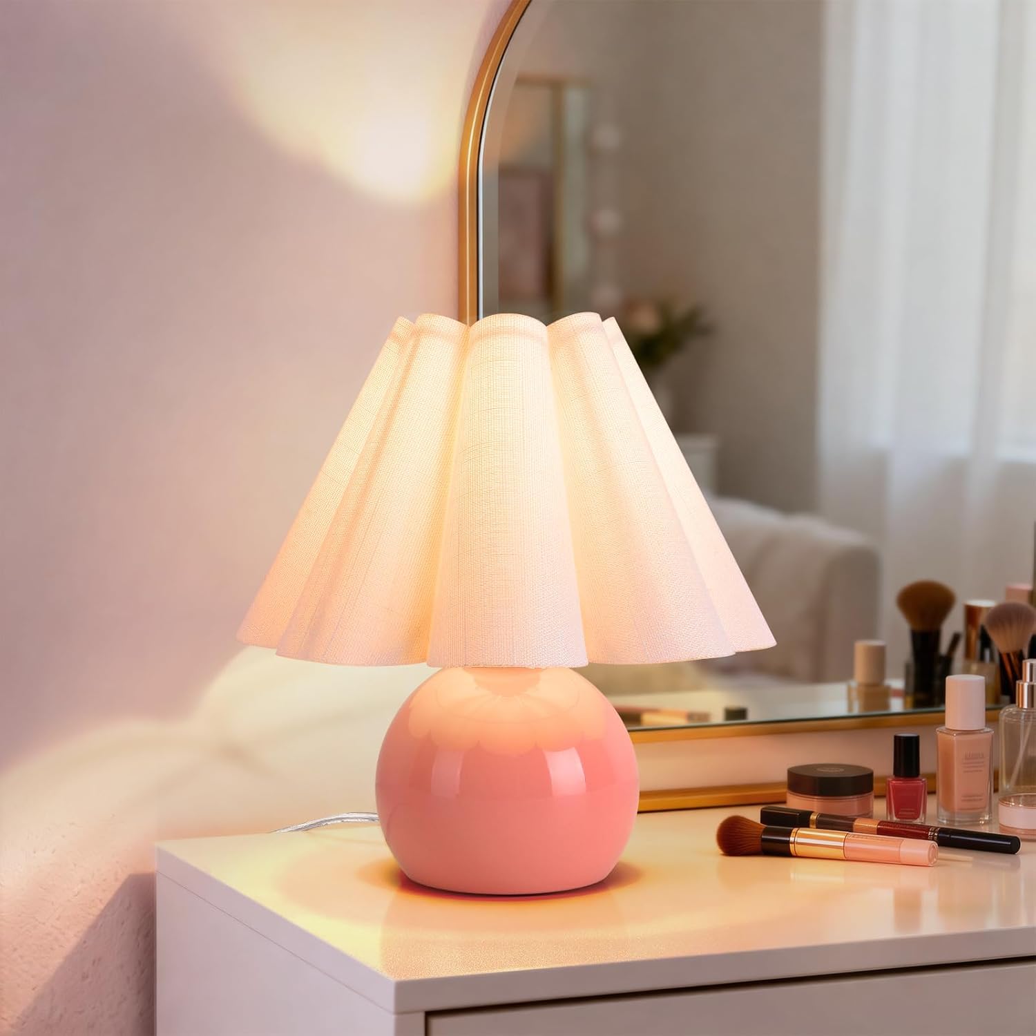 Pink Small Bedside Mini Table Lamp for Bedroom, Cute Bedroom Lamps for Nightstand, Cute Mini Table Lamps for Small Spaces with Scalloped…