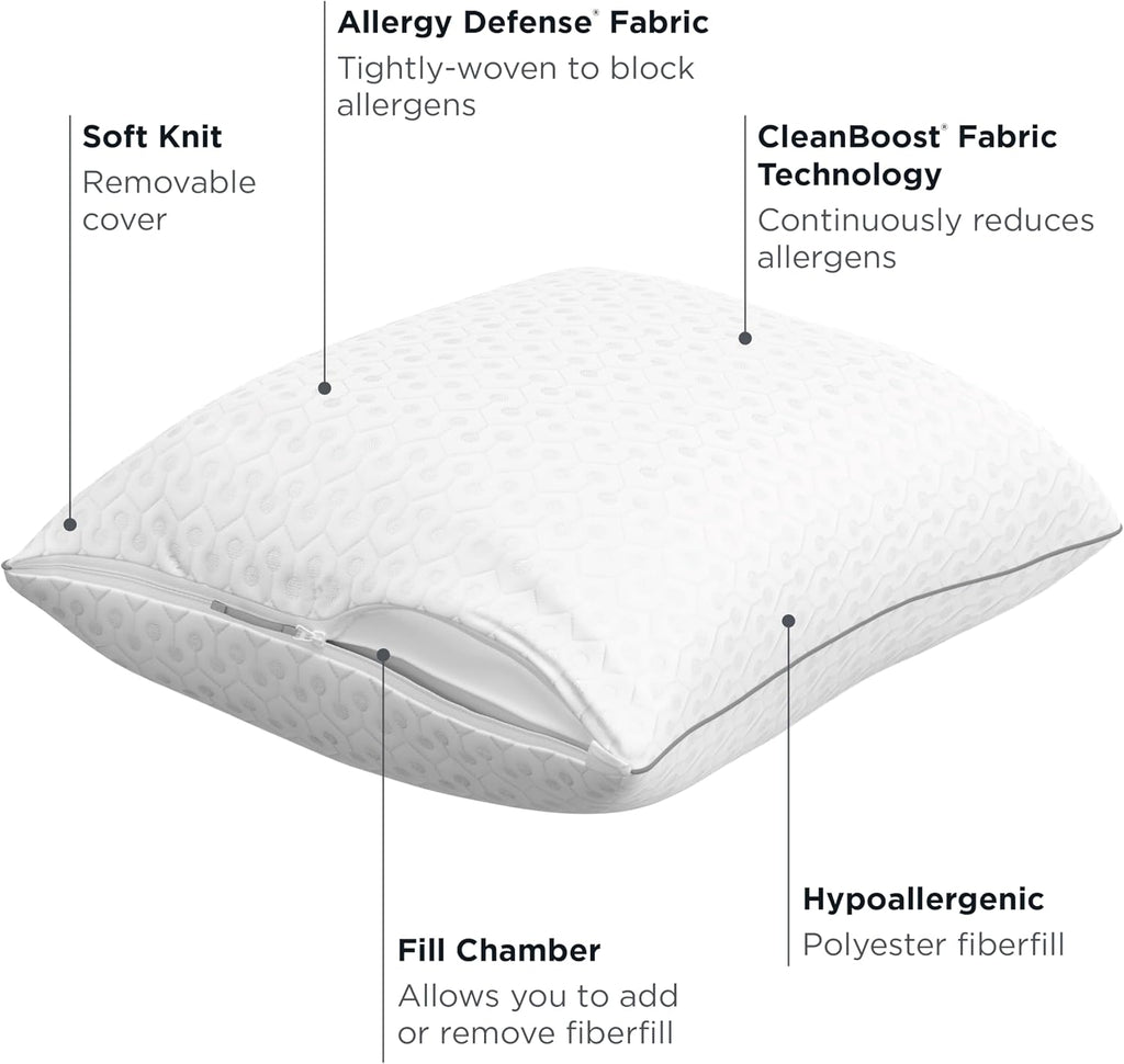 AllerEase Platinum 2-in-1 Adjustable Pillow, CleanBoost Allergen Barrier, Extra Fill, Standard/Queen - 2 Pack 2 Pack White