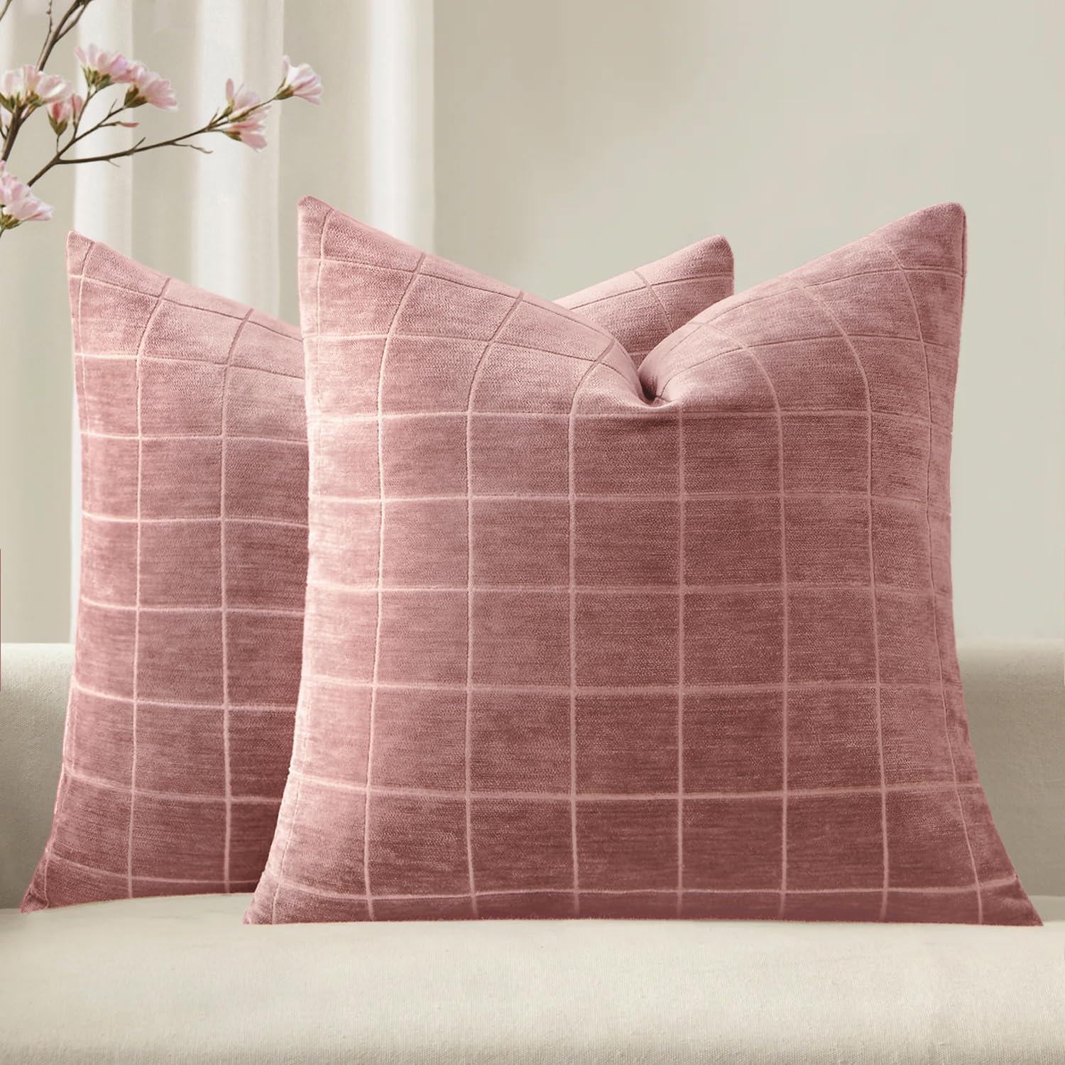 Miulee Valentines Decorative Chenille Throw Pillow Covers Vintage Plaid Couch Pillows 18x18 Inch Set of 2 Boho Farmhouse Cushion Covers Mod…