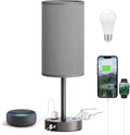 Fenmzee Grey Nightstand Bedroom Lamp - 3 Way Dimmable Bedside Lamp USB C A Charging Ports and AC Outlet, Small Table Lamp Linen Lampshade…