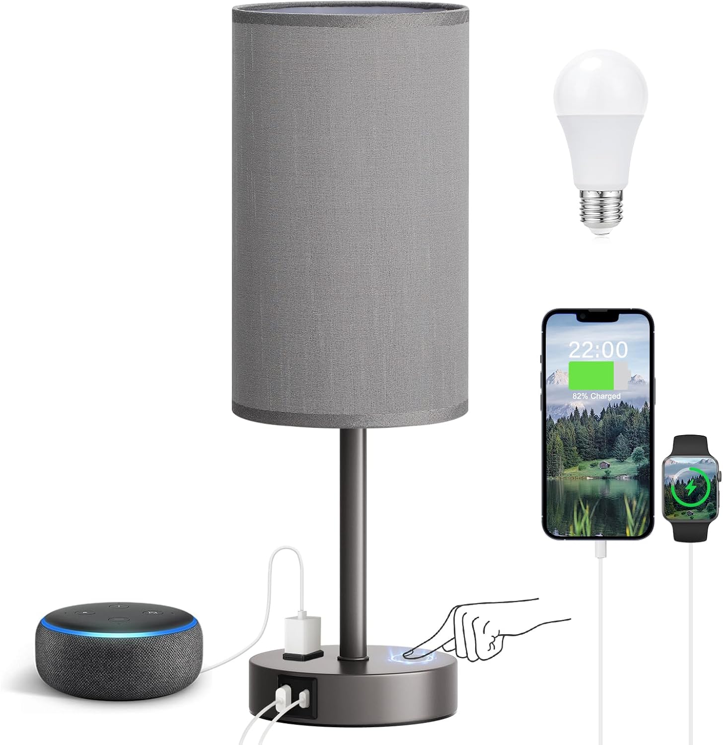Fenmzee Grey Nightstand Bedroom Lamp - 3 Way Dimmable Bedside Lamp USB C A Charging Ports and AC Outlet, Small Table Lamp Linen Lampshade…