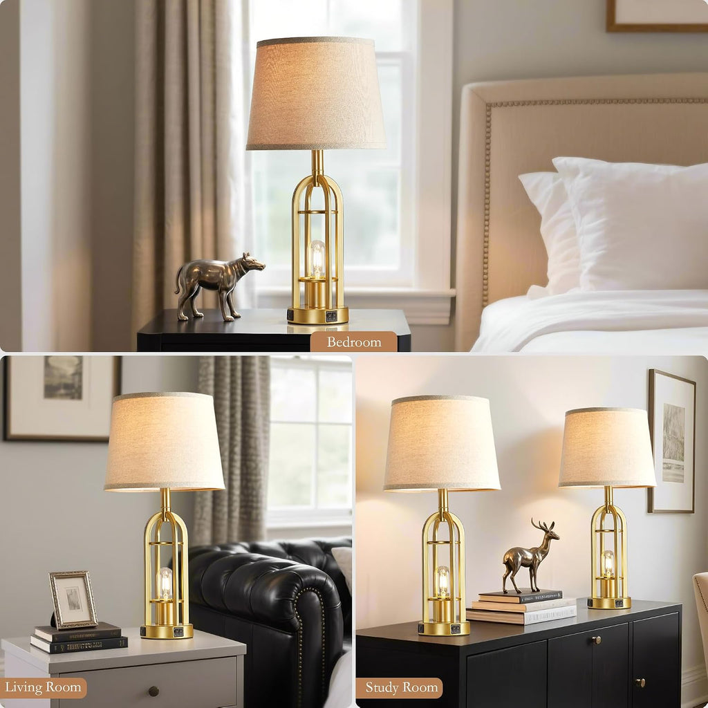 SRJJA Gold Table Lamps for Living Room Set of 2 - Modern Farmhouse Bedside Lamps for Bedroom Night Stands with Nightlight and USB A+C…