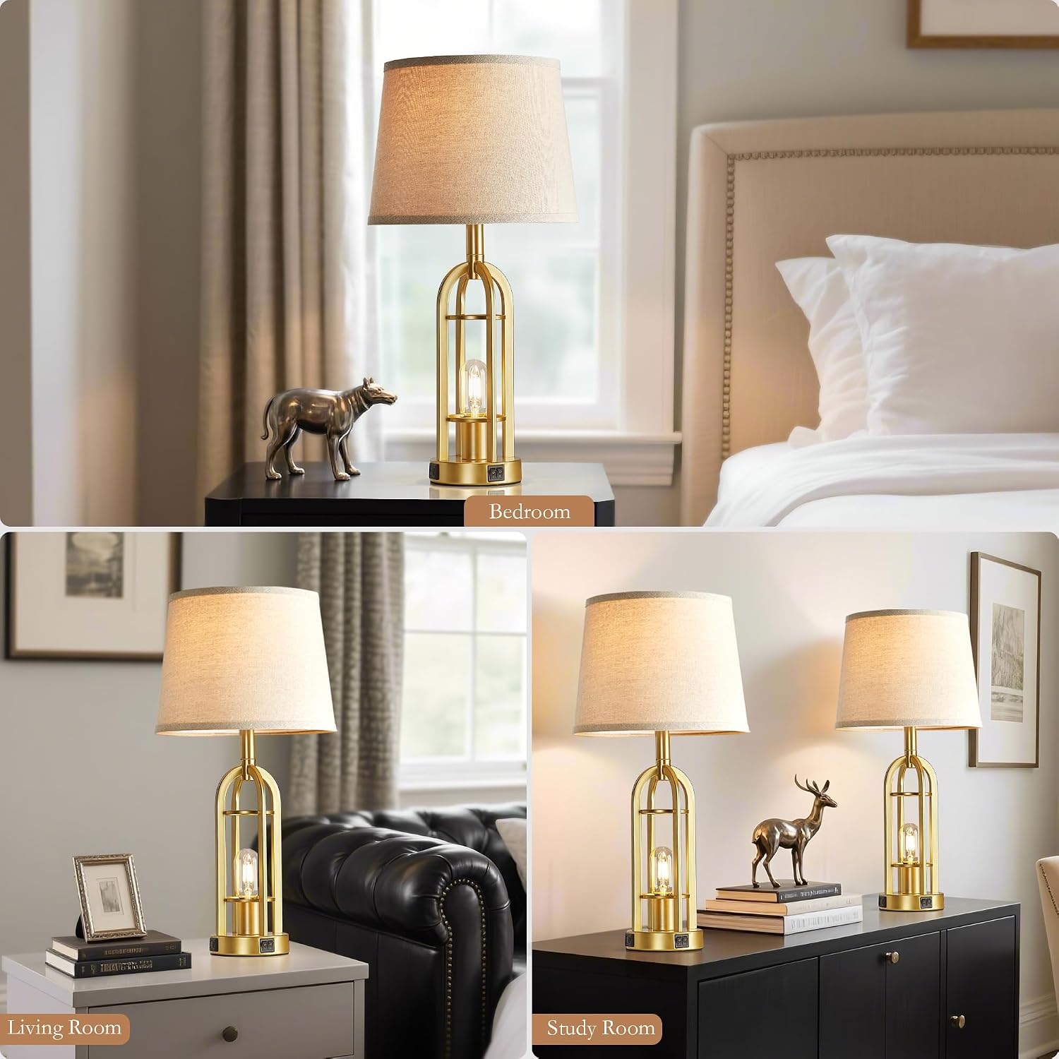 SRJJA Gold Table Lamps for Living Room Set of 2 - Modern Farmhouse Bedside Lamps for Bedroom Night Stands with Nightlight and USB A+C…