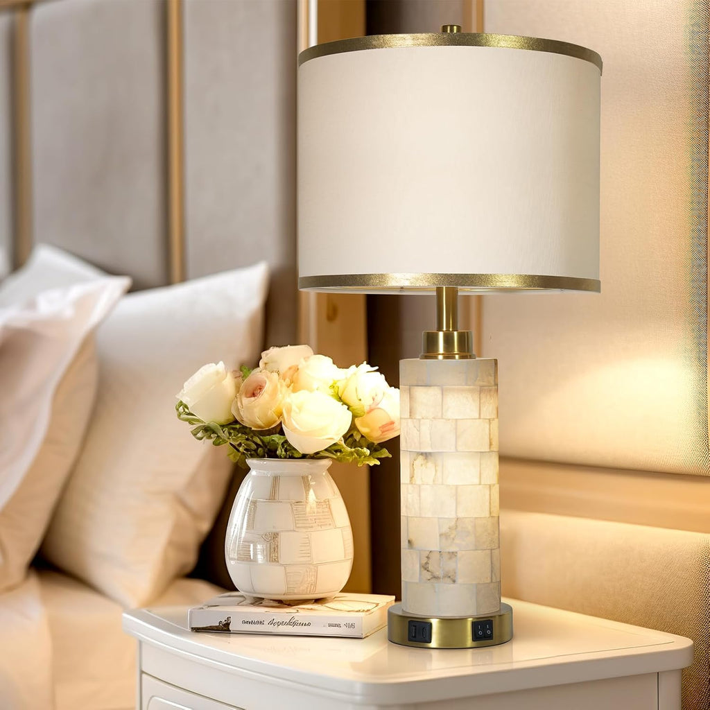 KIVDITZO 27" Alabaster Table Lamps Set of 2, Lamps for Living Room Bedroom, Bedside Lamps with Night Light, Nightstand Lamp with USB A+C…