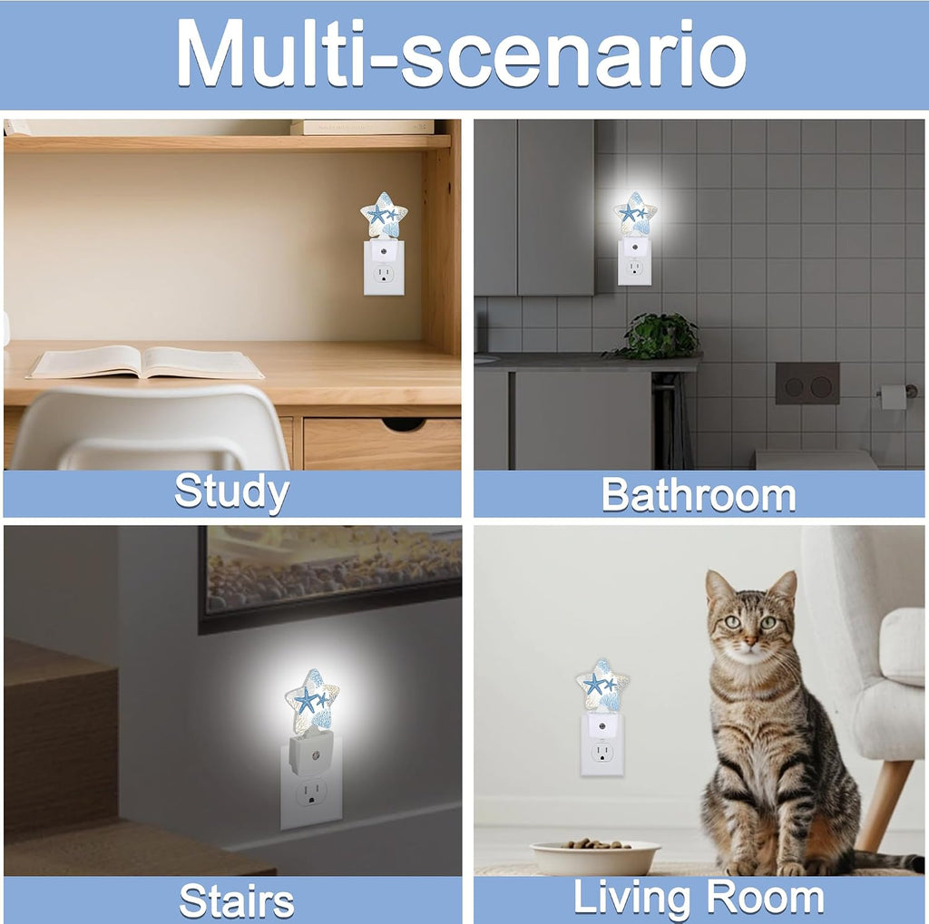 Snowmolle Ocean Starfish Coral Night Light, Coastal Beach Plug-in Star Night Lights with Dusk-to-Dawn Sensor for Bedroom, Bathroom, Living Roo…
