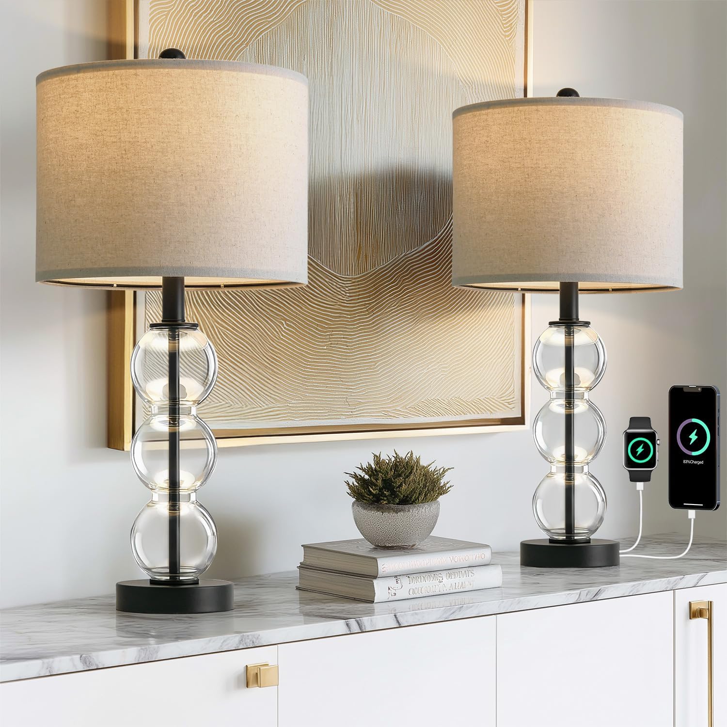 Oneach 25" Glass Table Lamps Set of 2, Black Modern Table Lamps with USB Ports for Living Room, Linen Shade Bedside Lamps for Bedroom, Nigh…